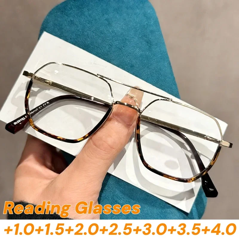 

Retro Polygonal Double Bridge Reading Glasses Metal Frame Anti-Blue Light Presbyopia Eyewear Clear Vision for Reading Office Use