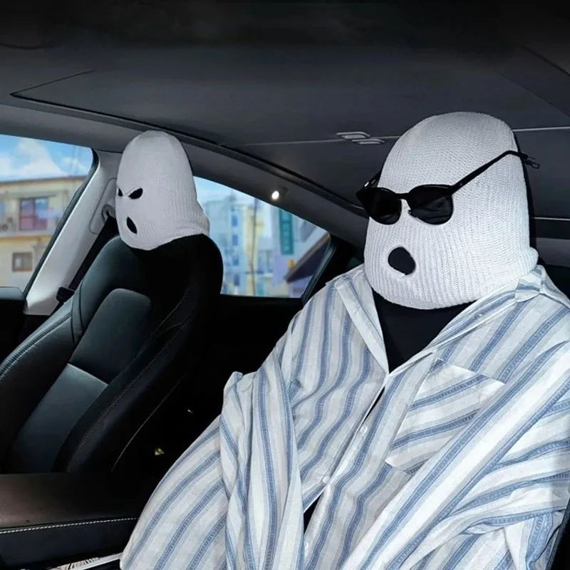 2pcs Spoof Car Seat Cover Masked Person Knitted Headgear Headrest Cover Decoration Car Anti-theft Warning Universal Decoration
