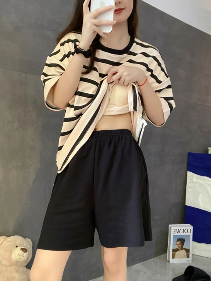 

Women's Summer Spwear Ort Sve Thin Striped Home Clothes Two-Piece Set with Chest Pad Milk Silk Round Pullover