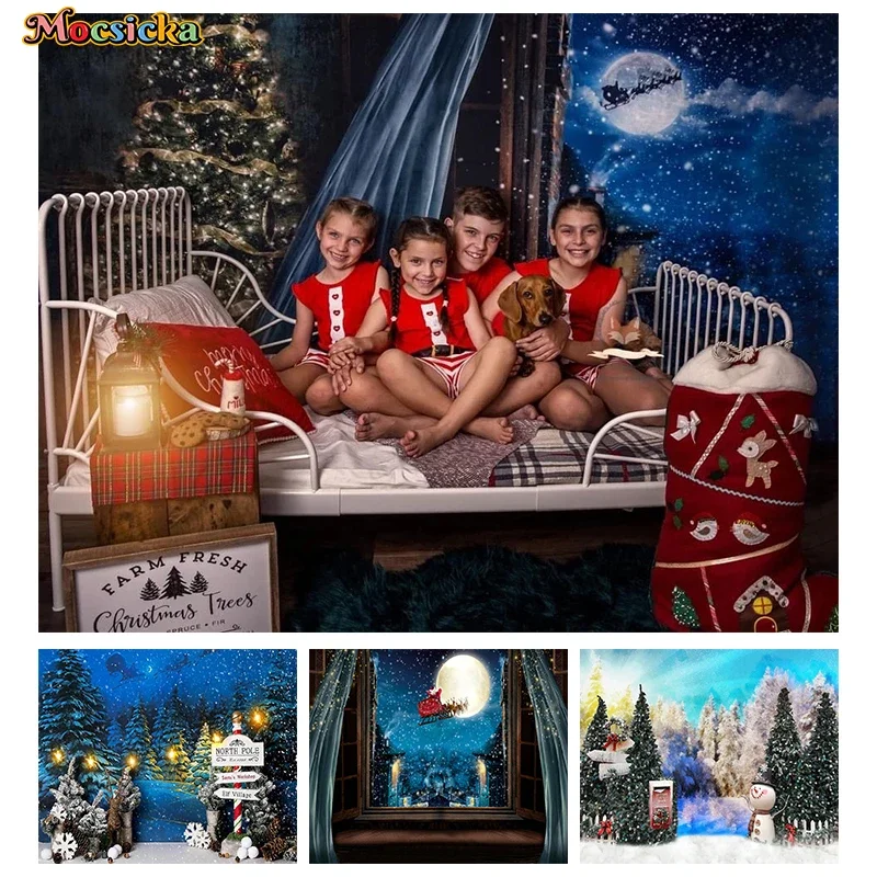 Mocsicka Christmas Decoration Photography Background Xmas Tree Night Sky Moon Stars Window Lights Forest Photo Backdrops Props