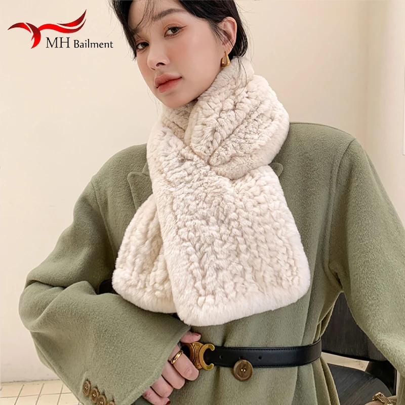 Lady 100% Genuine Rex Rabbit Fur Scarves Scarf Russian Women Fashion Long Style Warm Soft Knitted Luxury Fur Mufflers Winter