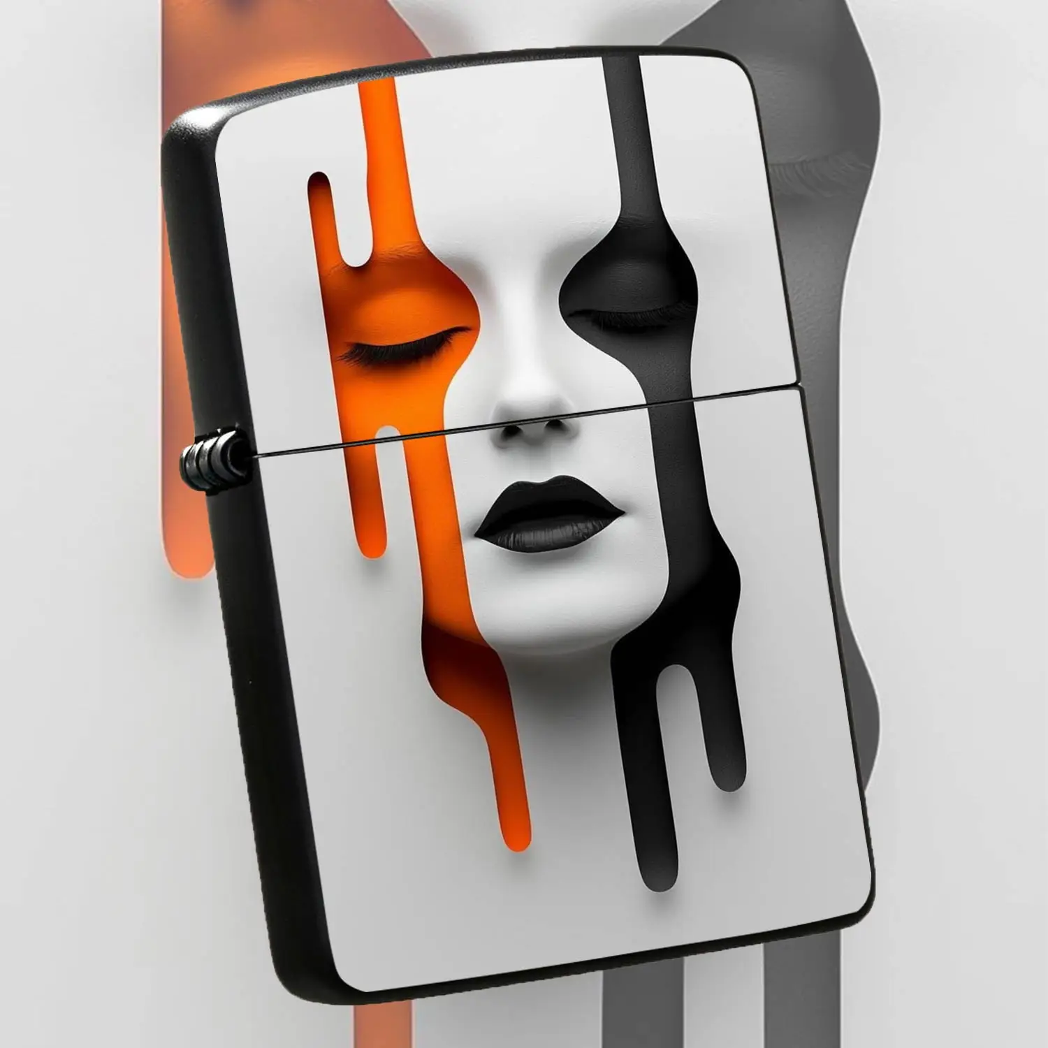Creative Fluid Art Portrait Printed Lighter, Stylish Contrast Orange Black Abstract Face Design Portable Ignition Tool, Multi-Scenario Practical Daily Accessory, Exquisite Trendy Gift For Friends Personal Use With Unique Aesthetic Vibe A Hu