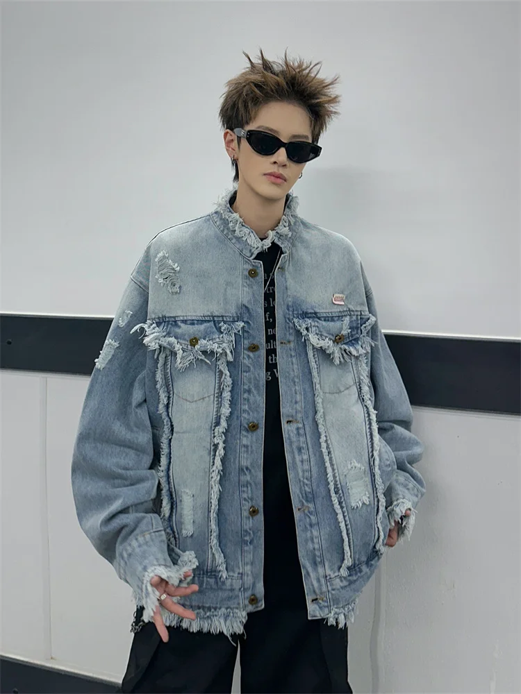 

Мужская джинсовая куртка Waed Denim: плотная, свободного кроя, в американском стиле, с бахромой и рваными элементами, в стиле High Street, с воротником-стойкой, весенняя, с длинными рукавами