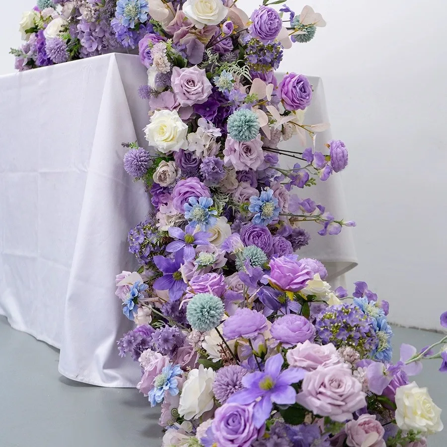 Purple Long Row Simulation Flower Table Wedding Conference Hall Window Decorations - Artificial Flower Arrangement for Events