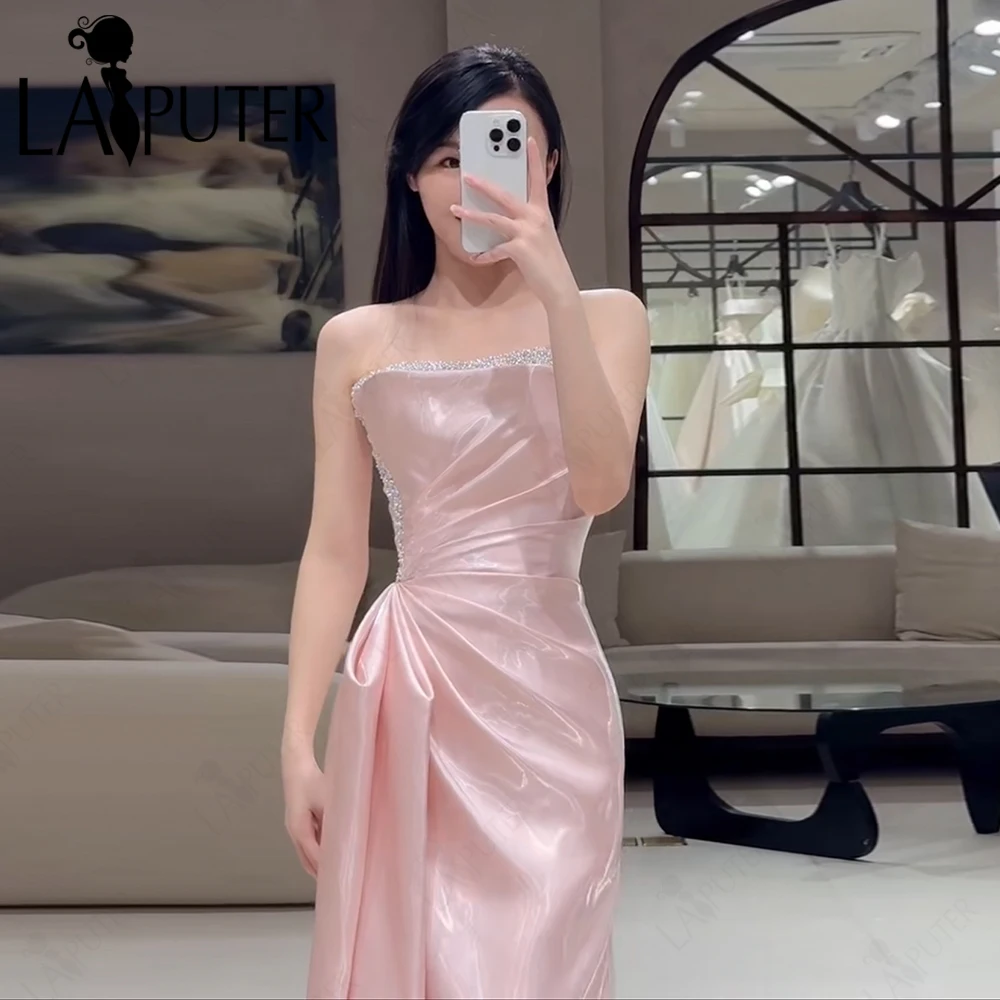 Shiny Organza Pink Prom Dresses Pearls Beaded Strapless Neck Evening Gown Off Shoulder Ruched Celebrity Dress New