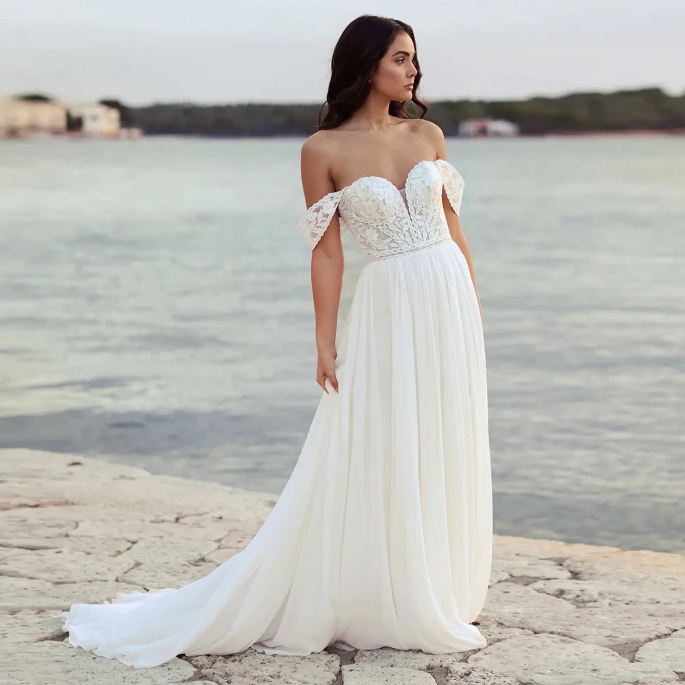 

Deep V Neck Wedding Dresses Applique Lace Bridal Growns Zipper Back Evening Dresses Chiffon A Line Customized свадебное платье