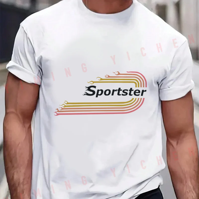 Men T-Shirt Retro Flame Logo & Sportster Lettering Motorcycle Cotton O-neck Short Sleeve T Shirt Fashion Hip Hop Streetwear Tees