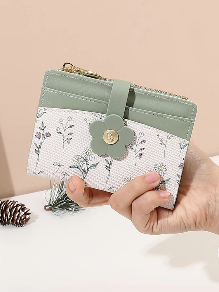 2026 Spring New Printed Buckle Foldable Short Wallet Student Zipper Women's Coin Purse ID Card Bank Card Holder Travel Convenien