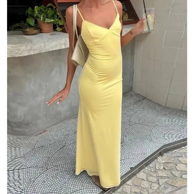Women Slim Elegant Maxi Dress Summer Solid High Waist Long Suspender Dresses Vacation Party Sexy Backless Beach Dress