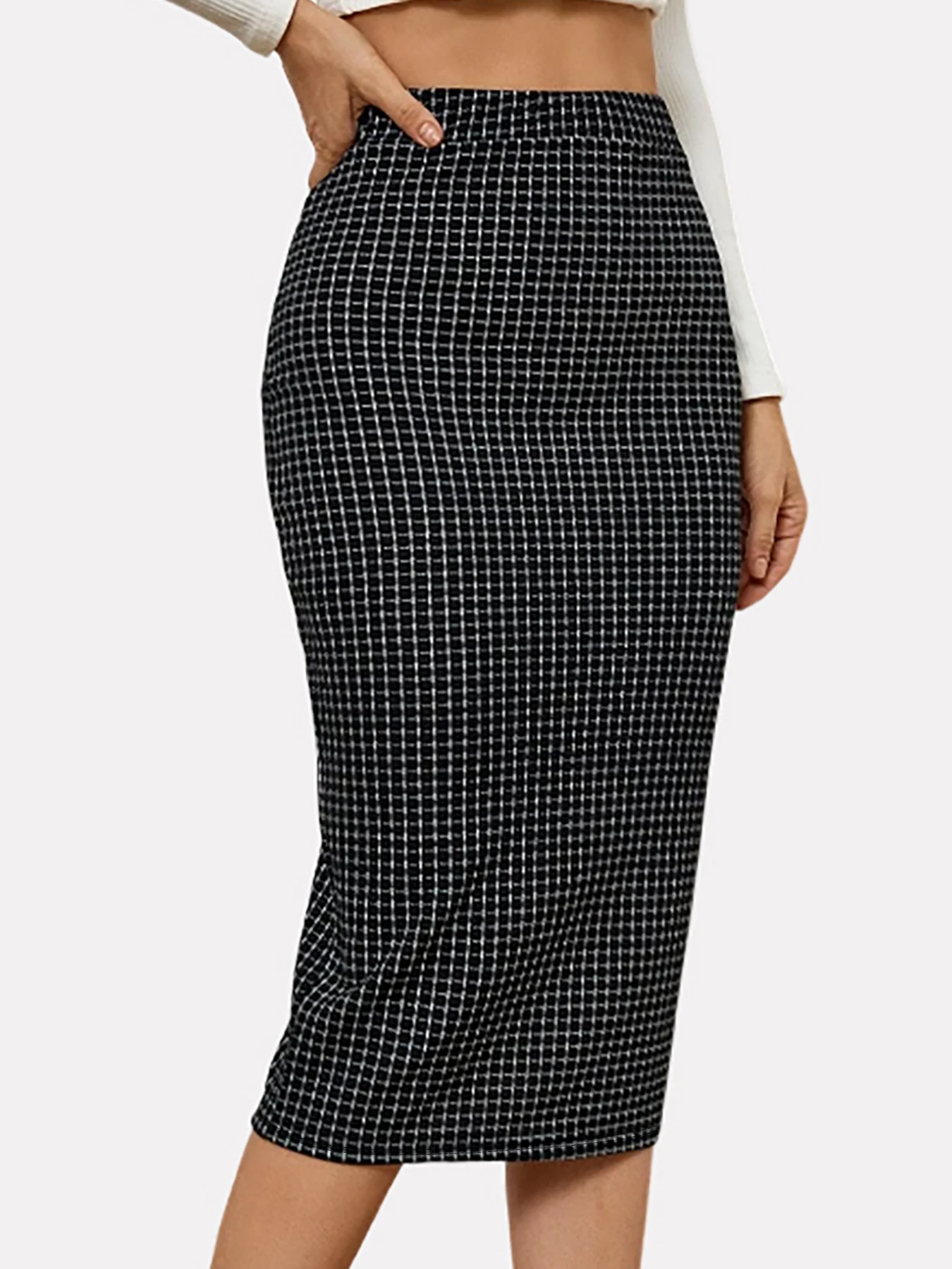 Women Fashion Plaid Printed Knee Length Skirts Casual High Waist Back Split Skirts Summer Ladies Elegant Pencil Skirts