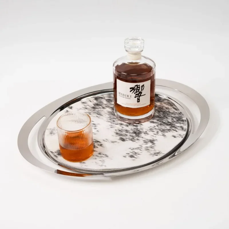 Italian Luxury Oval Serving Tray, Stainless Steel Marble Pattern Decorative Tray for Coffee Table, Modern Fruit Snack Platter