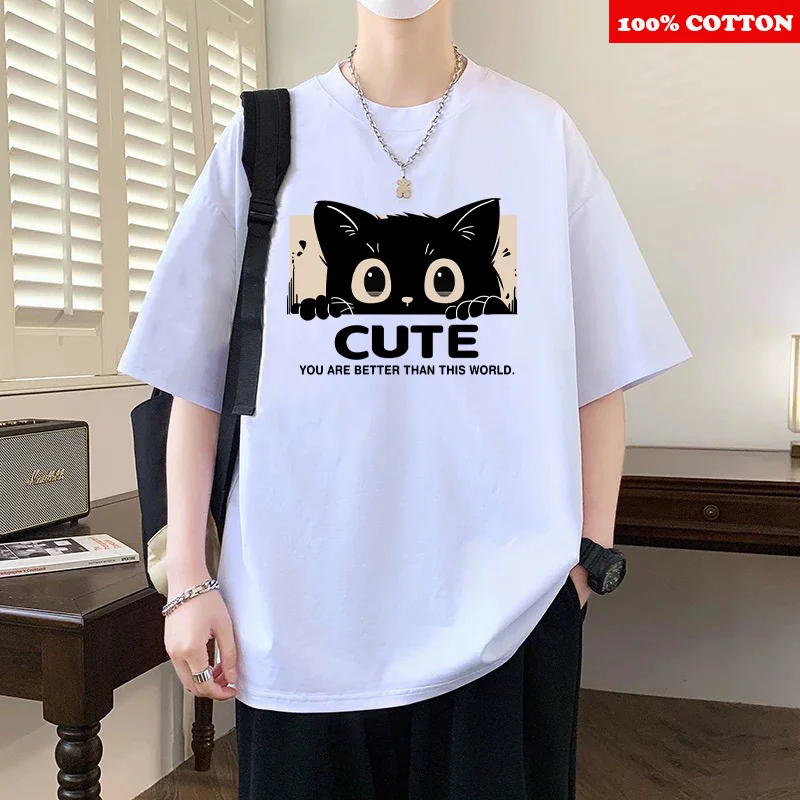 Cartoon Cat Printe T-shirt Men Summer 2025 New 100% Cotton Short sleeves Tee round neck Loose Casual Y2k Tops Youth men clothing