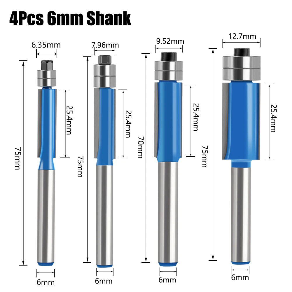 Diame 1/4′′ 5/16′′ 3/8′′1/2′′ Router Bit 6mm1/4′′ Shank Flush Trime Bit With Two Barings Router Bits For Wood Trimming Cutters