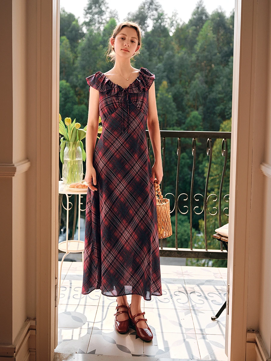 

OLrain Women's Red Gingham Chiffon Long Dress Lady Summer 2025 Vintage Ruffle Fitted French Tea Dress Female Clothing O57XL98851