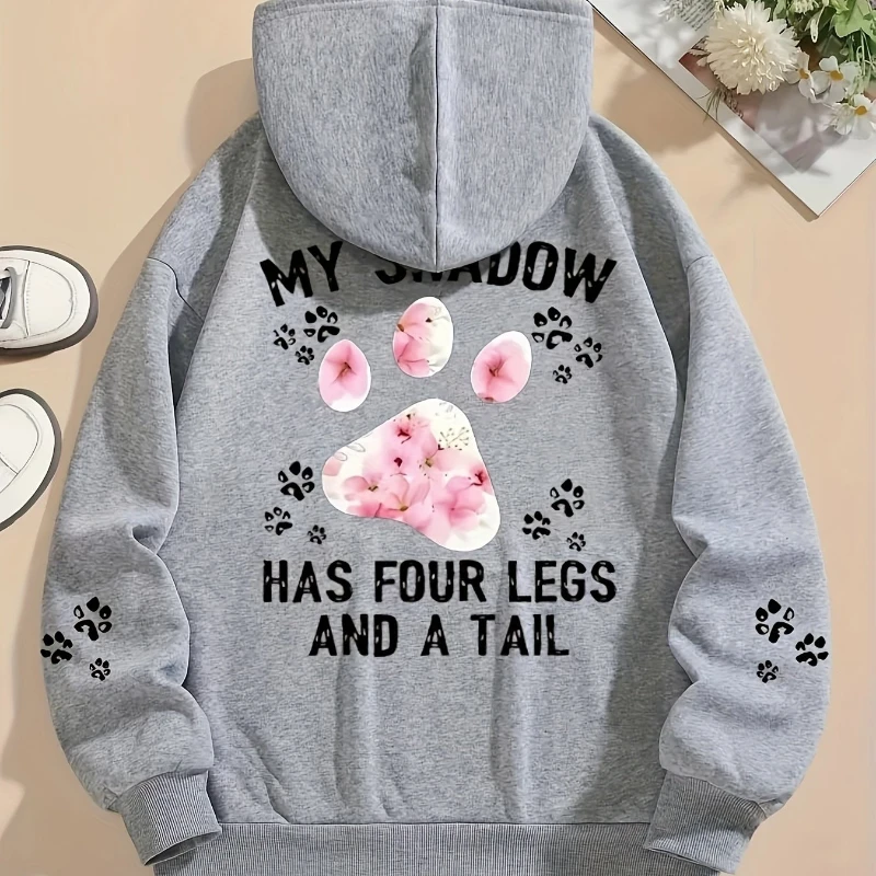 Autumn Womens Hoodies Cute Cat Paw Printing Sweatshirts Warm Fleece Soft Comfortable Pullovers Fashion Loose Female Clothing