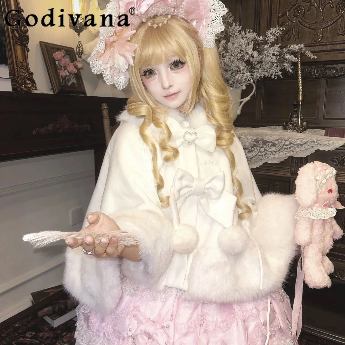 

Christmas Party Capes Ponchos Japanese Sweet Lolita White Plush Cloak Winter New 2025 Girls' Cute Bow Short Jacket Princess