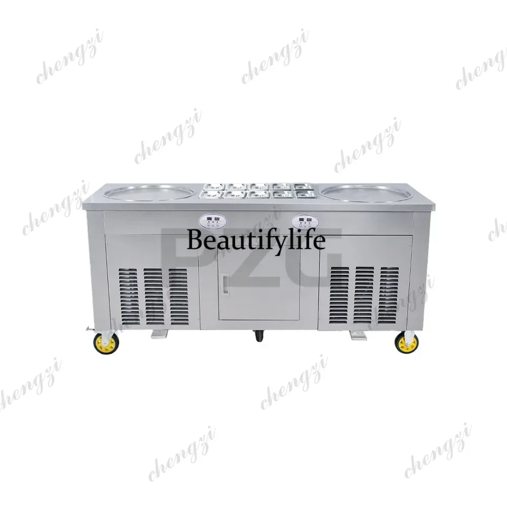 2800W Commercial Fried Ice Cream Roll Machine 10 Buckets Double Pans Stainless Steel Moveable Ice Cream Porridge Maker