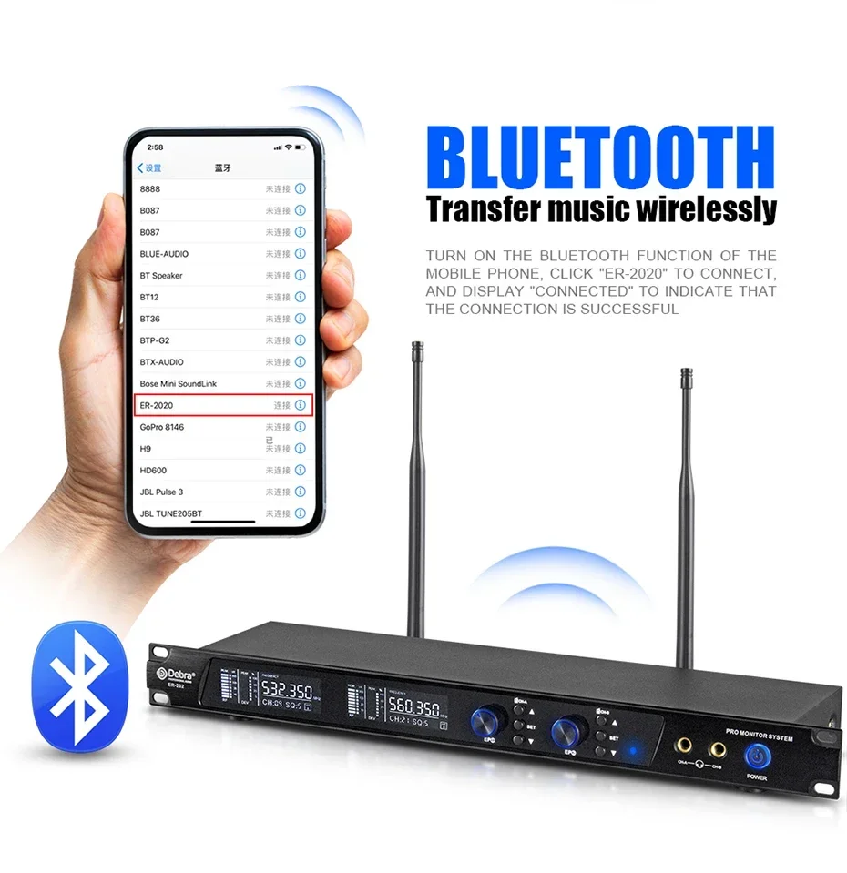 ER-202 Professional 12-Channel Wireless In-Ear Earphone System BT5.0 XLR Stage Singing Studio LED Metal Communication