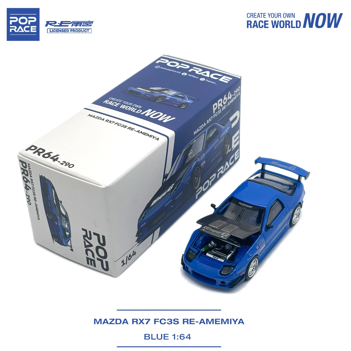 Pop Race 1:64 Mazda RX7 FC3S RE-AMEMIYA Blue Diecast Model Car (Open Hood) #PR640290 In Stock Ready To Ship