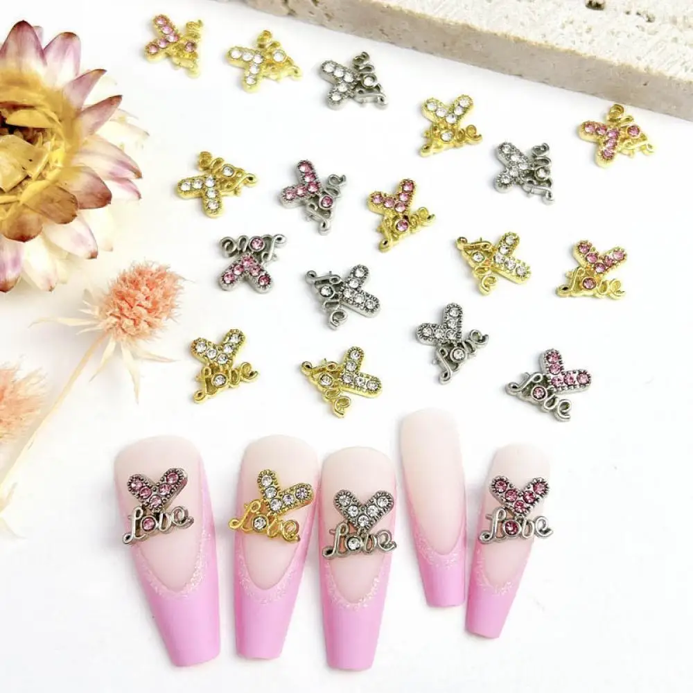 10Pcs Light Luxury Heart Letters Alloy Nail Art Decorations Mini Rhinestones Inlaid Gold Silver Mixed Shinny Nail Charms for DIY