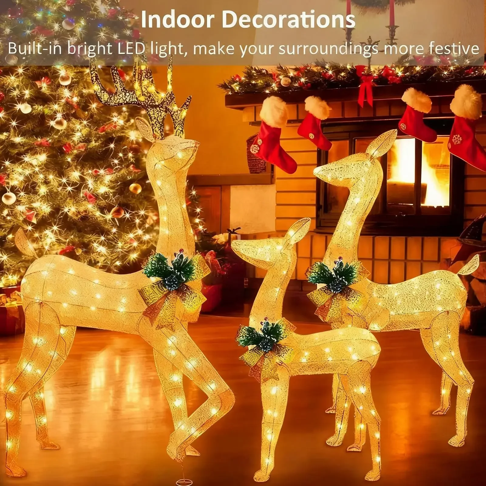 Christmas Decoration Stakes 3 Pieces Weatherproof LED Light Lighted Reindeer Outdoor Christmas Stakes for Family Home Holiday