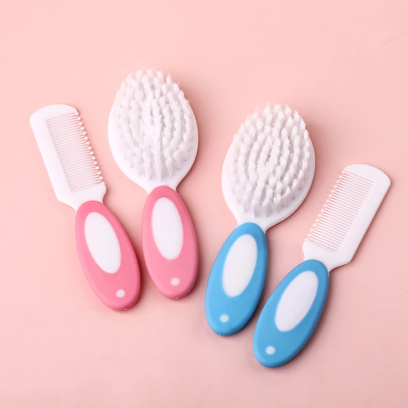 Bonito 2 em 1 cuidados infantis conjunto de escova de pente de bebê cerdas de nylon macio escova de cabelo formato redondo