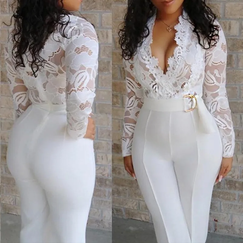 

2023 New Mesh Spliced White Lace Spliced One Piece Pants for Women