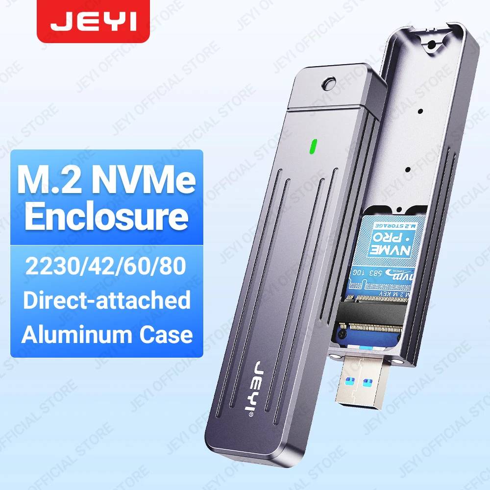 JEYI Direct-attach M.2 NVMe-behuizing, USB-A-stekker USB 3.2 10 Gbps In-line aluminium 2242 2280 SSD-behuizing met magneetbeschermhoes