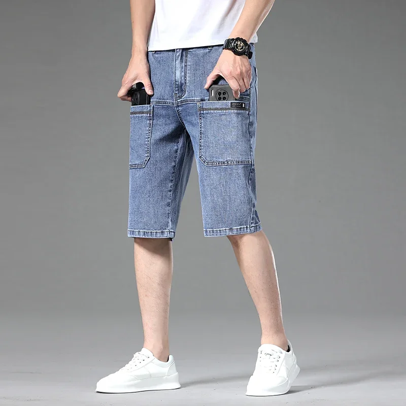 Multi-pocket Thin Denim Shorts Men Fashion Slim Straight Stretch Bermuda Jeans Casual Short Pants Male Brand Clothing