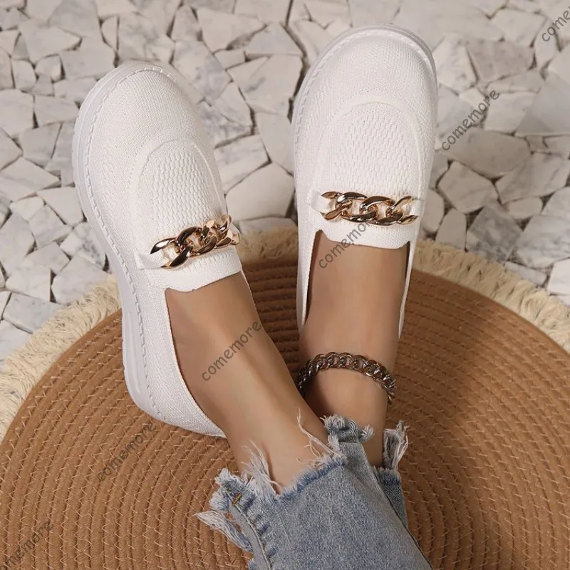 Comemore Women's Chain Decor Flats Fashion Round Toe Shallow Loafers Casual Shoes Breathable Sneakers New Ladies Walking Shoes