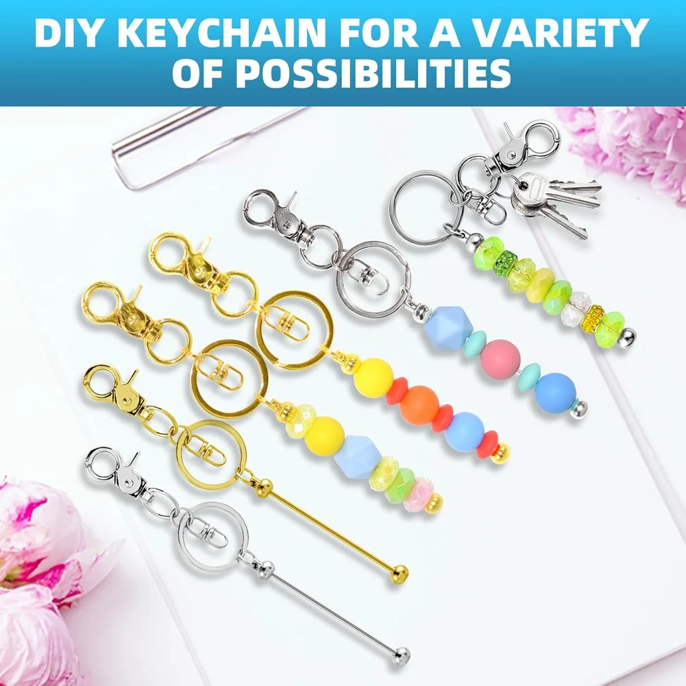 F-T 20 Pieces Beadable Keychains Bars - Diy Golden & Silver Beadable Keychains Bulk -Beaded Keychain Making Kit