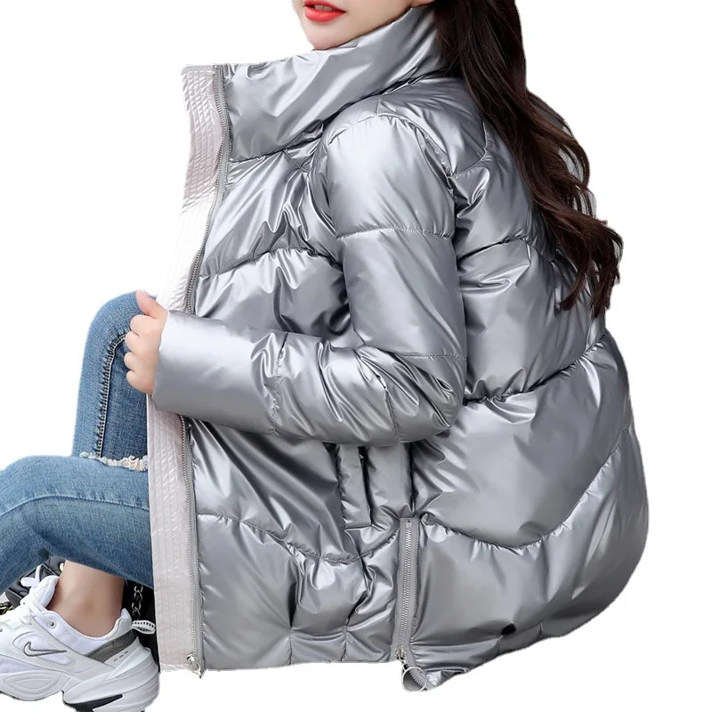 Winter Stand Collar Jacket Long Sleeve Ladies Shiny Parka Coat Loose Large Size Cotton Jacket Warm Solid Color Slim Coat Women
