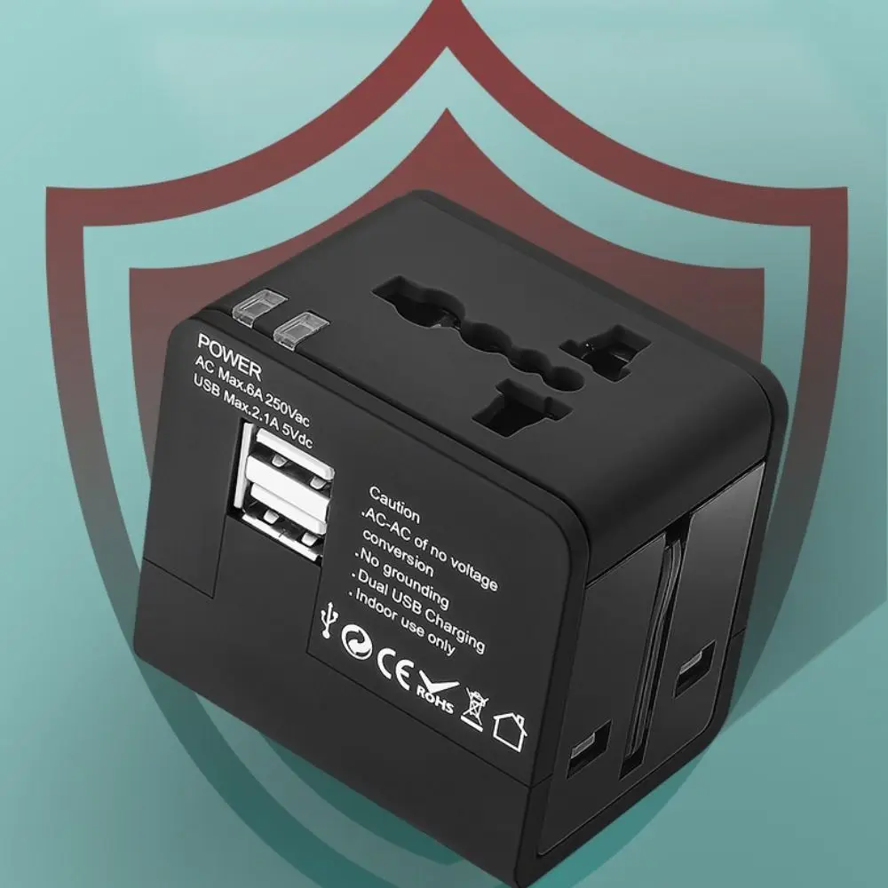 New All-in-One Plug Adapter With 2 USB Black Euro Travel Adapter Universal Converter