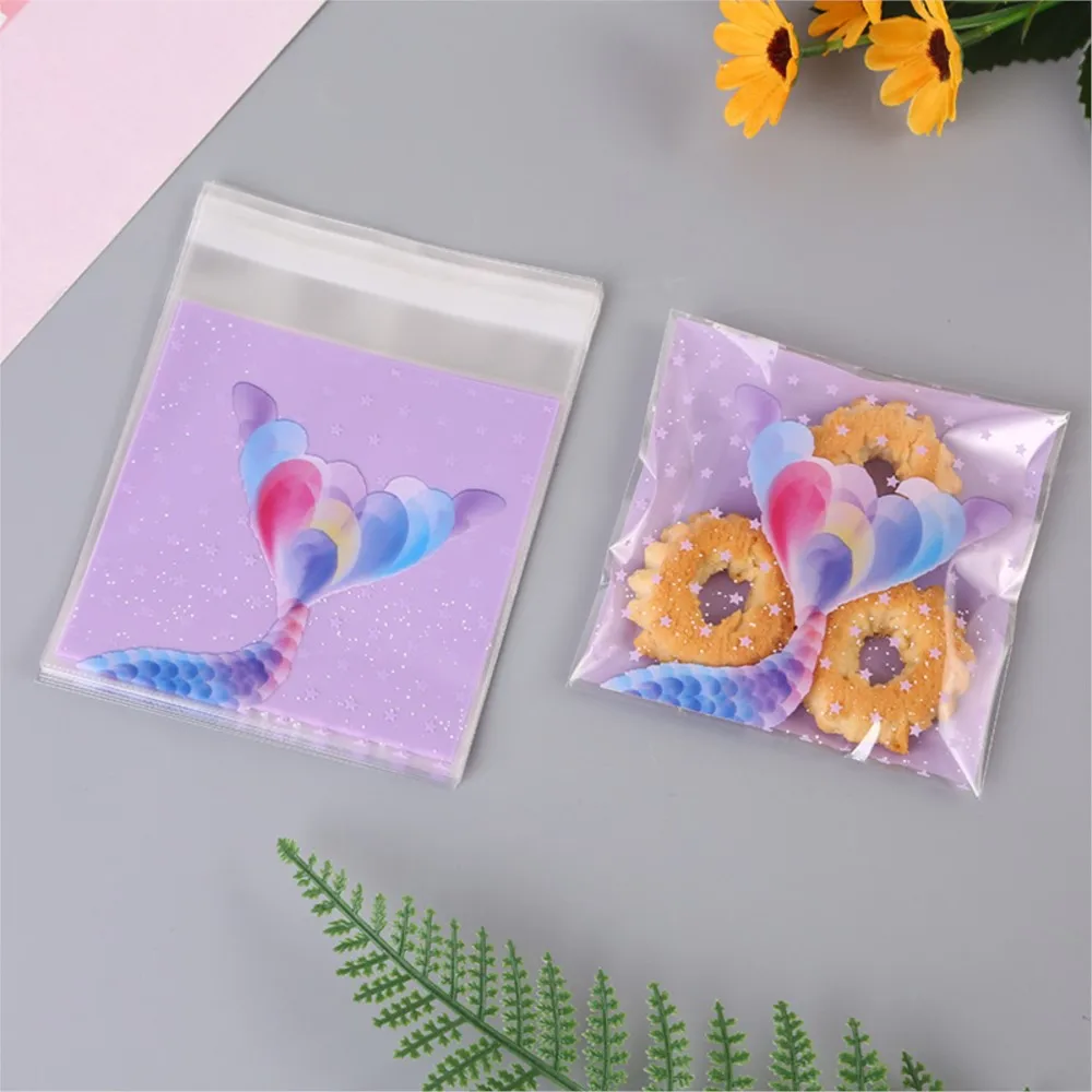 100pcs Mermaid Tail OPP Bags for Jewelry Display Food Self-Adhesive Bags Cookies Packaging Bags Candy Self-Sealing Storage Bags