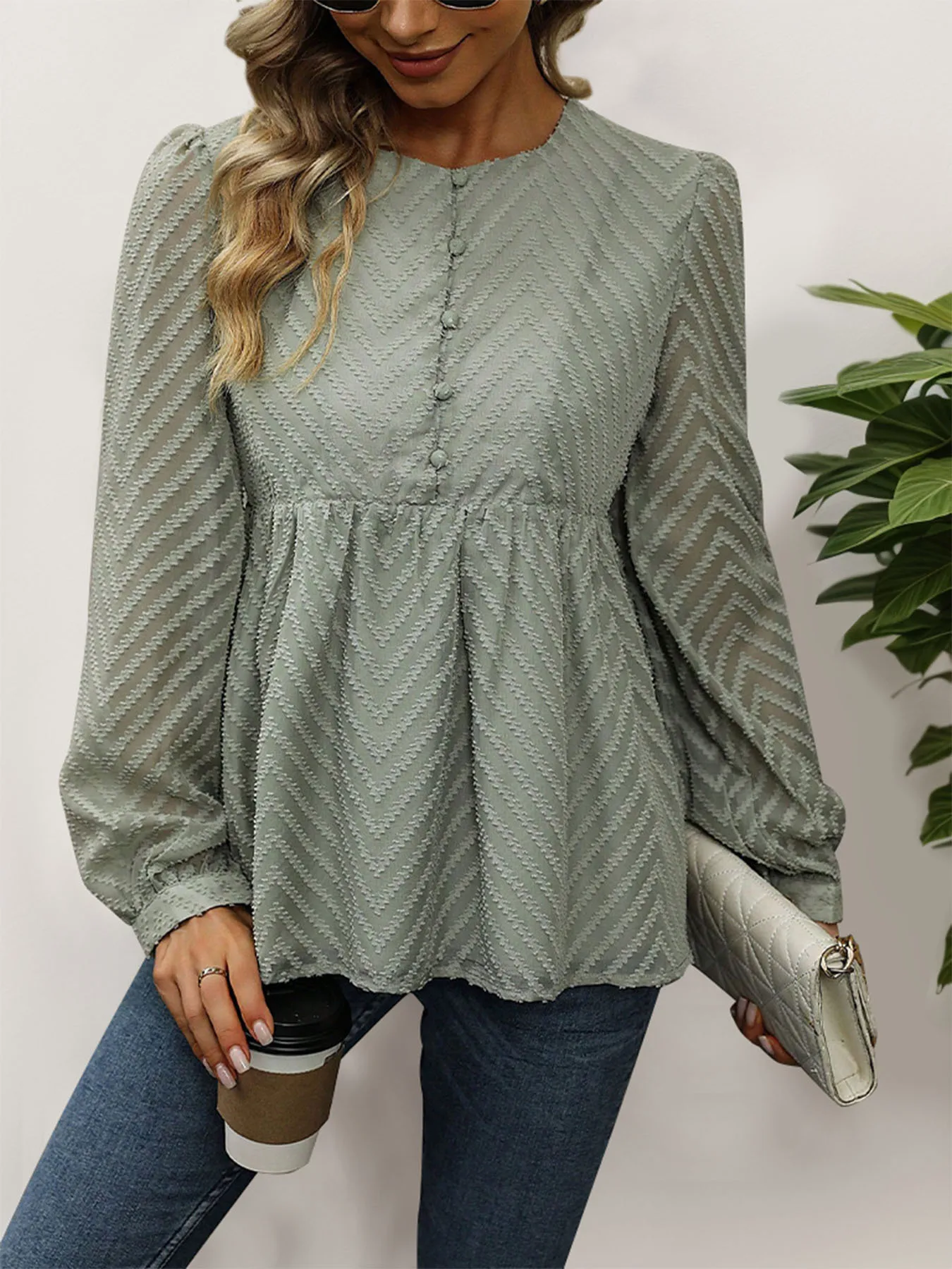 O-Neck Button Front Peplum Top Blouse Women's Autumn New Long Sleeve Elegant Office Ladies Loose Jacquard Shirt 2024