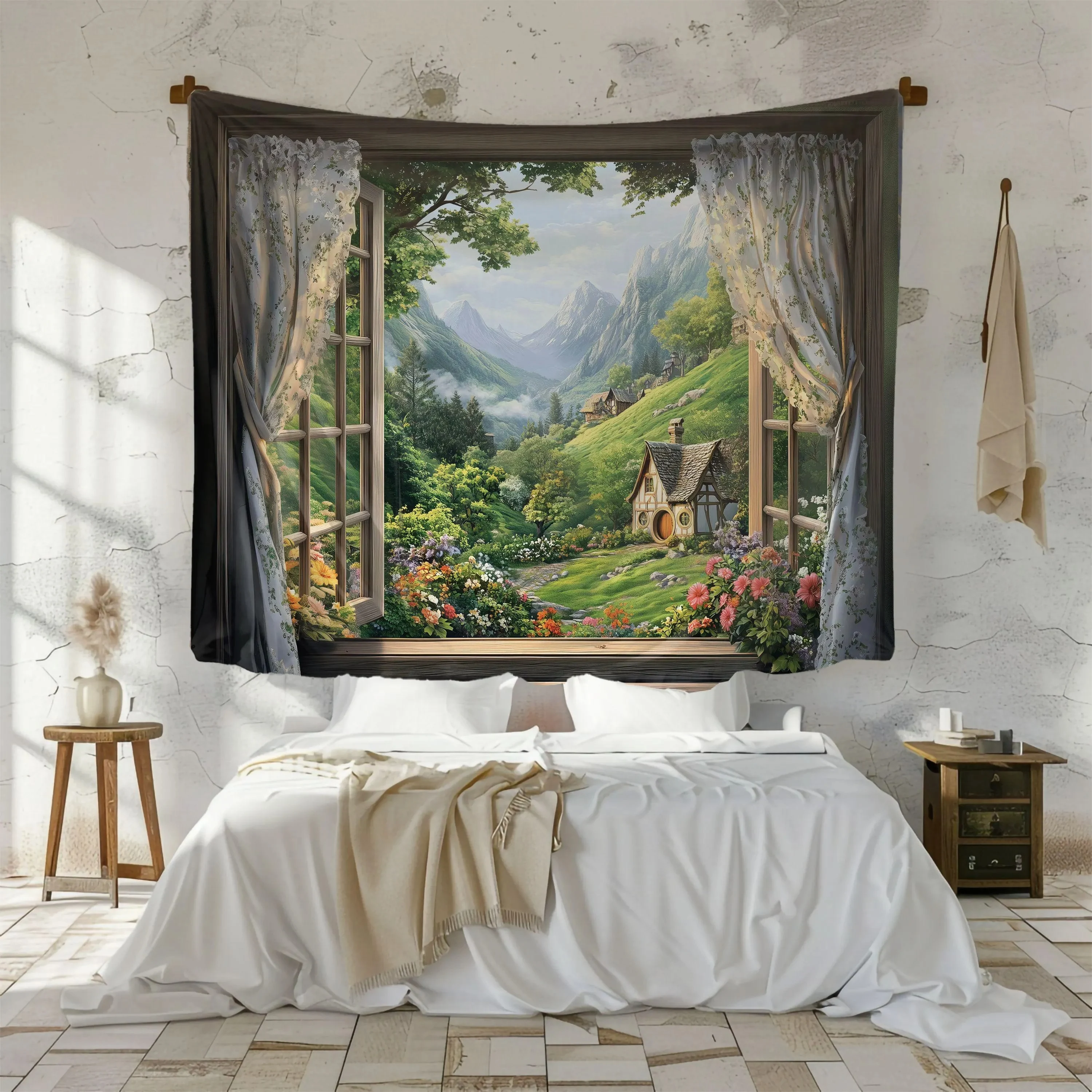 VIKAMA Tapiz con diseño de cabaña Hobbit y ventana, Serie Healing, Fondo de valle campestre, Serie Bunsen, Decoración de habitación