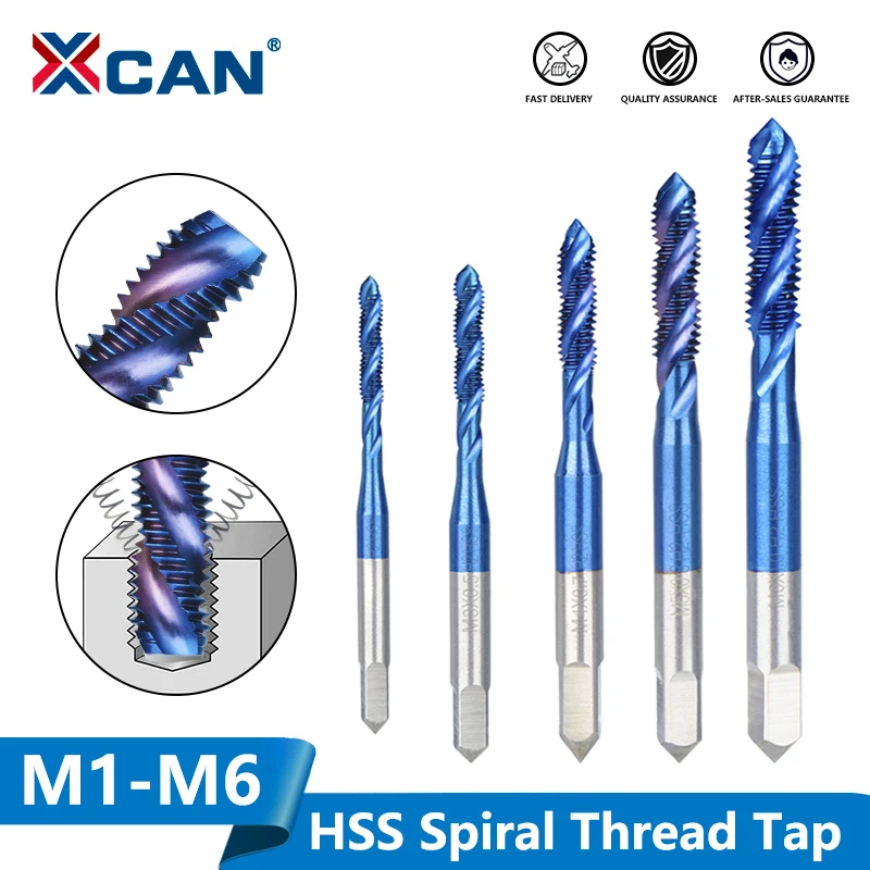 XCAN Metric Screw Tap 1pc HSS M2-M6 Thread Tap Nano Blue Coated Machine Plug Tap Threading Tools Spiral Tap Drill