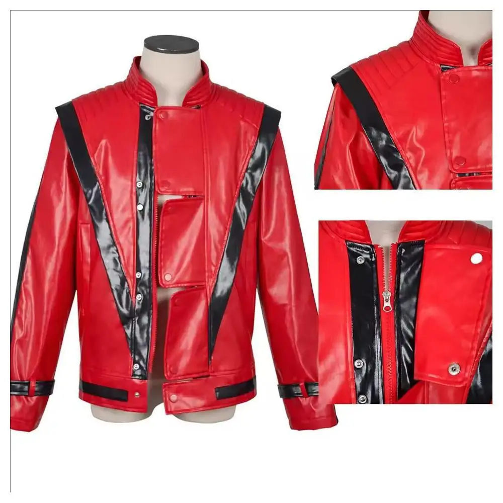 Michael Jackson Thriller Scary Costumes Red Leather Jacket for Men's Man Adults Dress Halloween Christmas Top Coat Costumes New