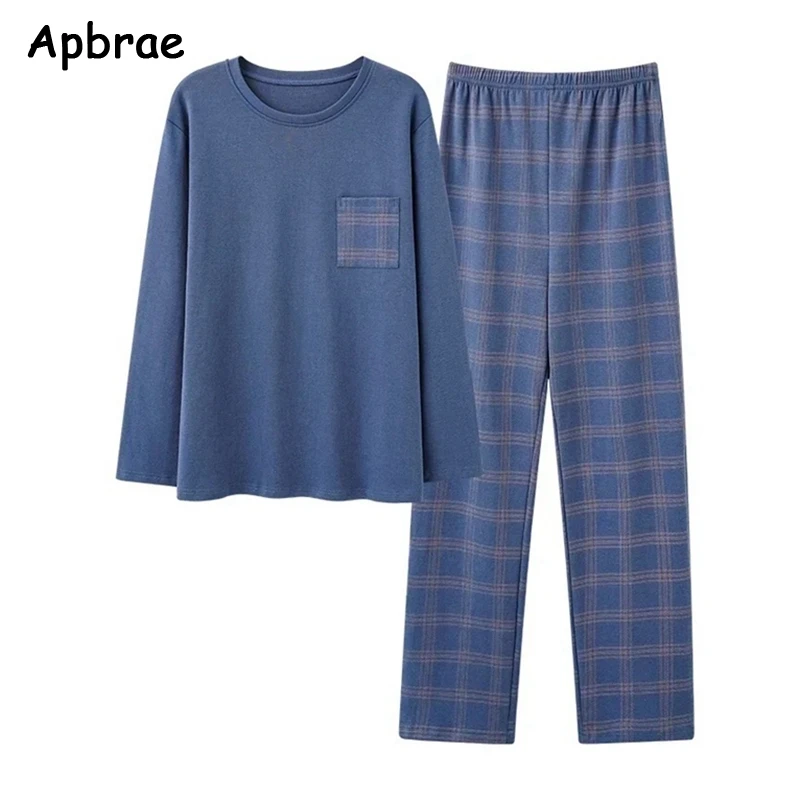 

Young Men Autumn Winter Warm Cotton Nightwear Fashion Long Sleeved Plaid Pants Pajamas Set Round Collar Plus Size 4XL Sleepwear