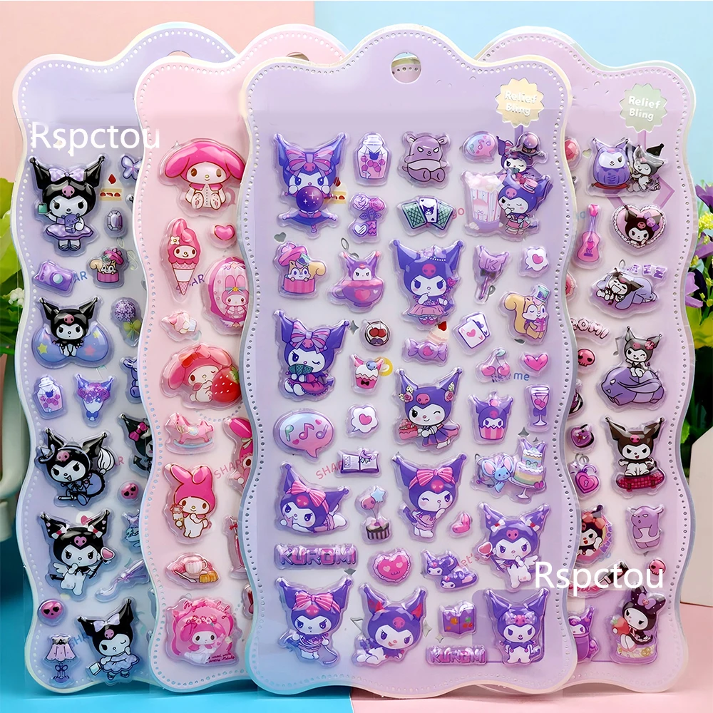4 قطعة Kawaii Kuromi ميلودي ثلاثية الأبعاد منتفخ ملصقات مضحك الكرتون سانريو الإغاثة الشارات DIY بها بنفسك محمول الهاتف زجاجة ماء لطيف ملصق ديكور