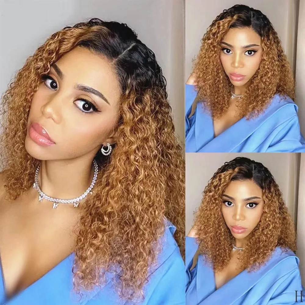 T1B/30 4x4 Lace Closure Wigs Kinky Curly Lace Closure Wig Omber Brown Human Hair Wigs BOB Wigs For Women 10\