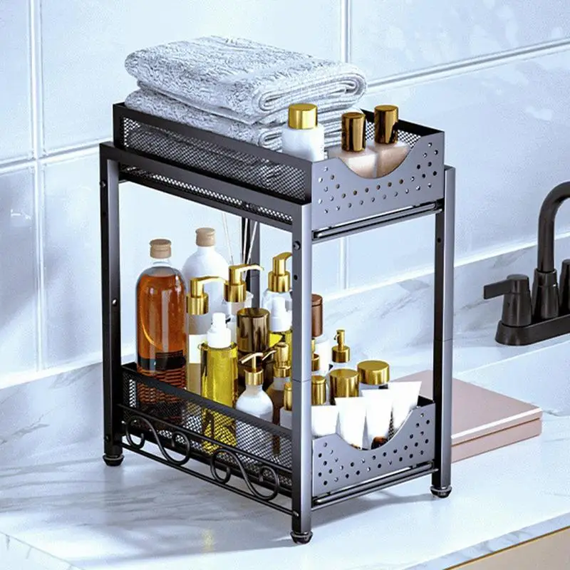 Slide Out Shelf For Cabinet Multi-Purpose Cabinet Organizer Storage Shelf With Sliding Basket 2 Tier Heavy Duty Stackable