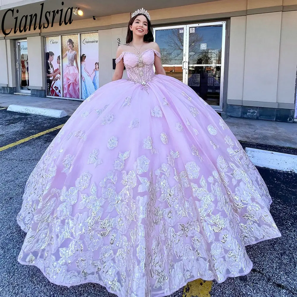 Roze Lovertjes Appliques Kanten Baljurk Quinceanera Jurken Van De Schouder Parels Kralen Zoete 15 Party Vestidos De Xv Años