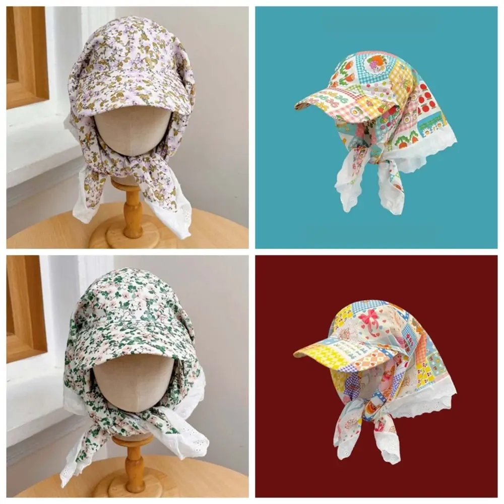 Cycling Rural Style Headscarf Baseball Hat Lace Breathable Scarf Peaked Cap Cotton Floral Strappy Bandana Cap Outdoor