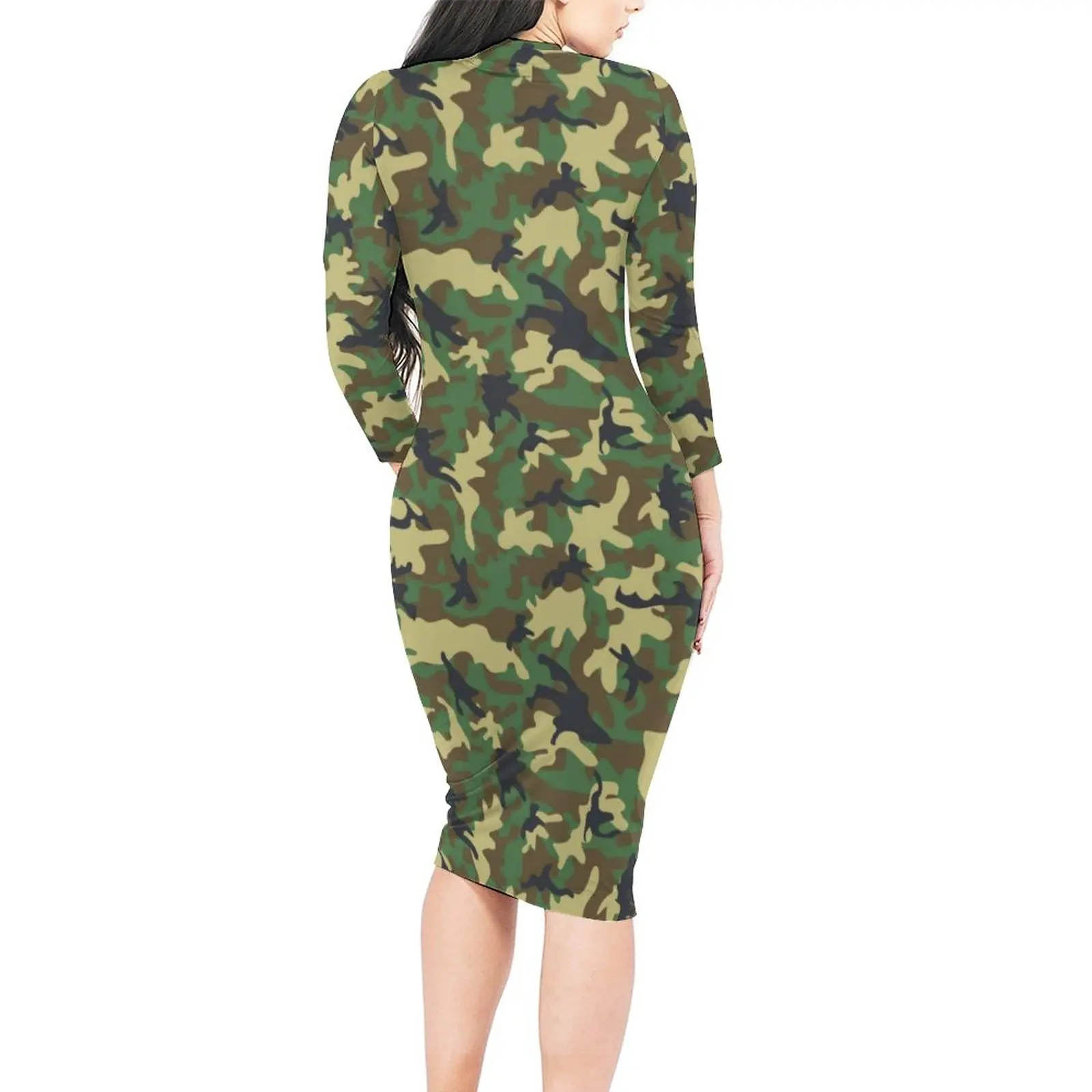 Military Camouflage Dress Lady Green Camo Print Fashion Bodycon Dress Autumn Long Sleeve Trendy Dresses Custom Oversize Vestidos