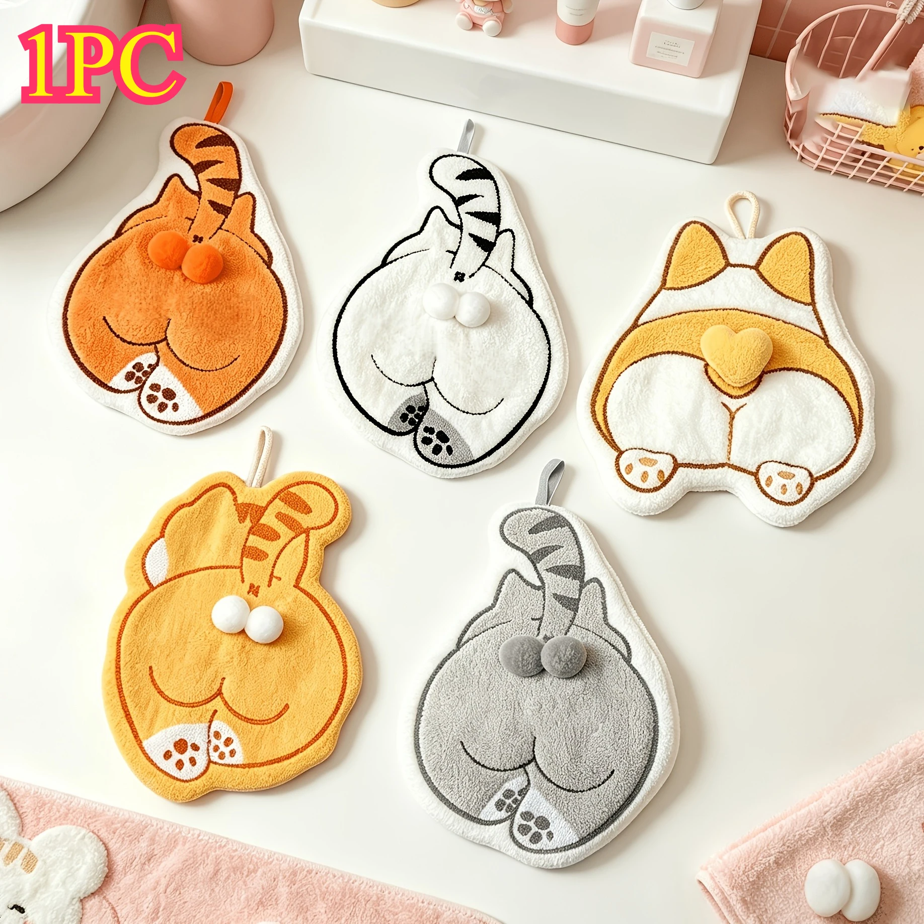 New Cute Funny Interesting Hand Towels, Cute Cat And Dog Shaped Butt Hand Towels, Thickened Absorbent Coral Fleece Hand Towels