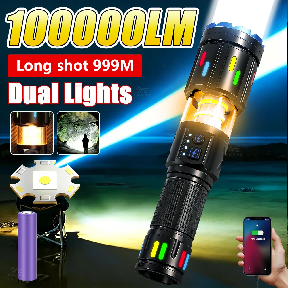 デュアルライト懐中電灯ハイパワーホワイトレーザー充電式-led-懐中電灯戦術トーチパワーバンク屋外キャンプハイキングライト