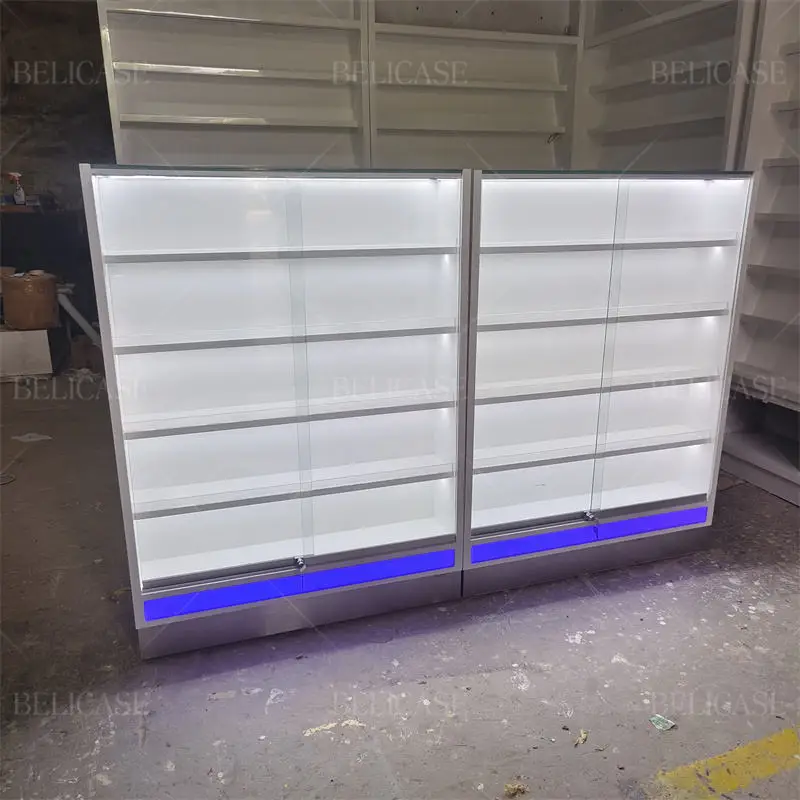 

Customized bright LED light stable durable thick glass display shelf cashier counter showcase shelves smoke tobacc