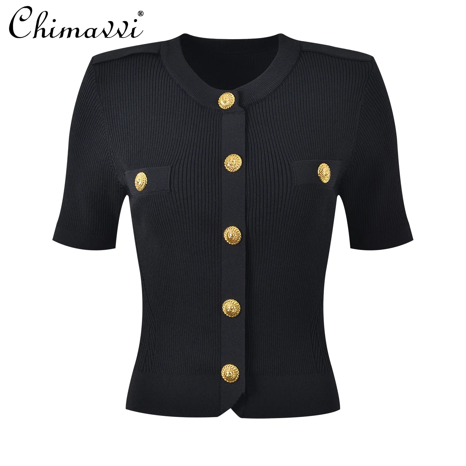 High-end Light Luxury Lion Head Gold Buckle Elastic Slim-fit Top Summer New Fashion OL Crew Neck Short-sleeved Knitted Cardigan