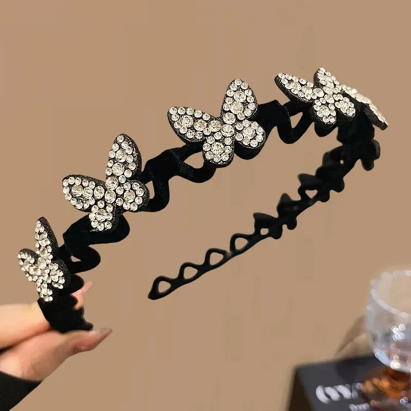 Fashion Rhinestone Flocking Bezel Hair Hoops for Women Ladies Solid Color Toothed Non-Slip Headband Hair Band Accessories